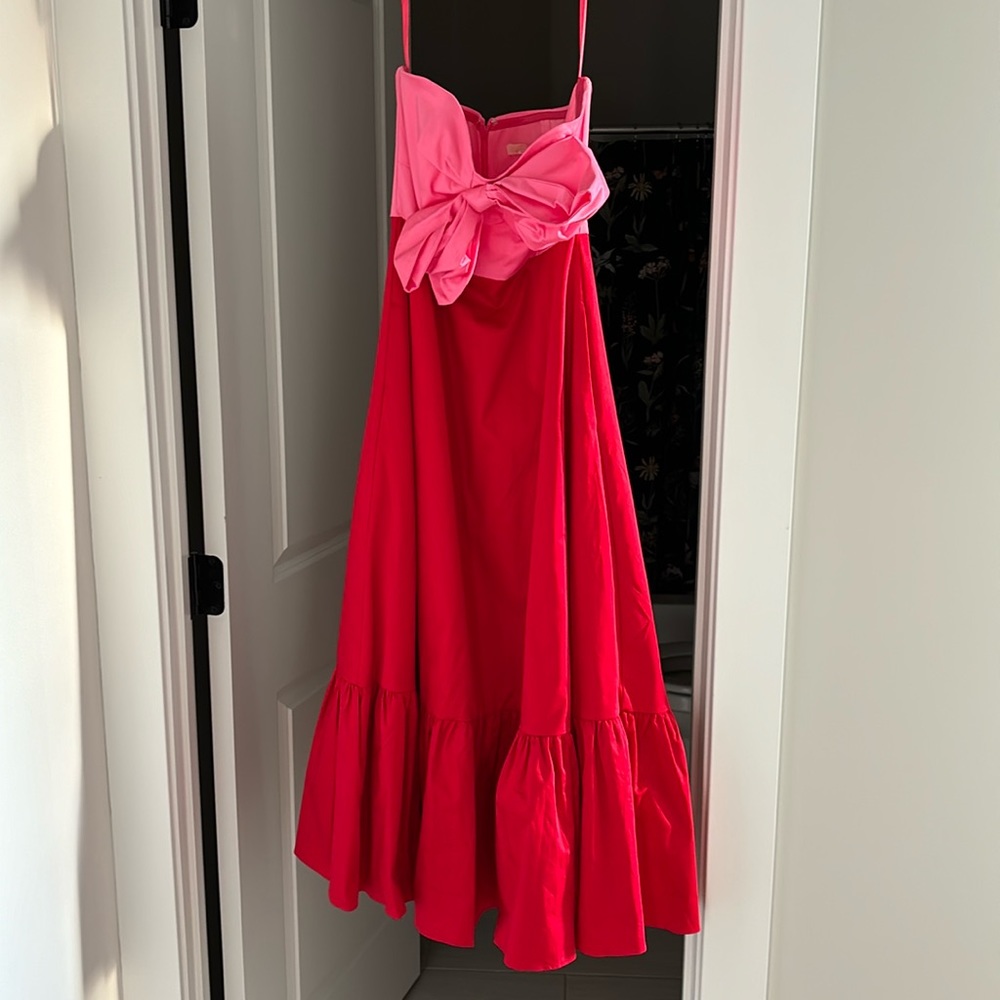 Anthropologie Strapless Red Dress with Pink Bow